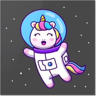 Cute Unicorn Astronaut Floating In Space Cartoon Posters and Art